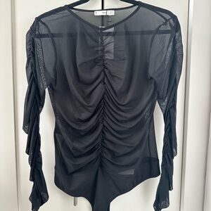 MNG MANGO Mesh Sheer Ruched Long Sleeve Bodysuit - Black